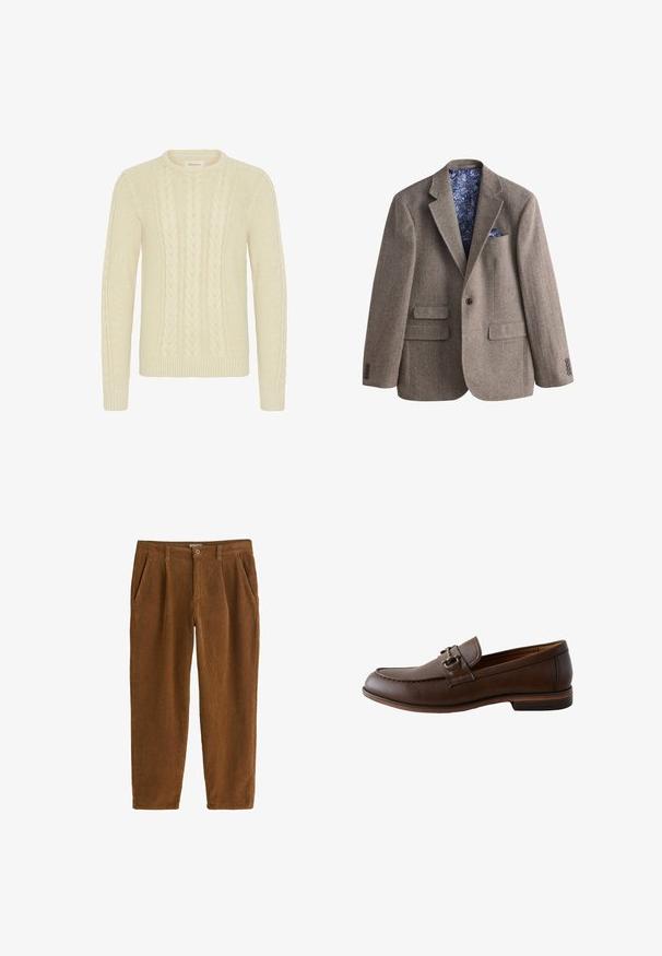Blazer marron à motif chevron avec revers cranté, trois poches à rabat, fermeture à un bouton, doublure intérieure à motif floral bleu et pochette.; Blend BHBASIM - Pullover - oyster gray; Pantalons en velours côtelé marron à coupe droite, dotés de plis à l'avant, de poches inclinées et d'une fermeture à un seul bouton à la taille.; Mocassin homme en cuir marron avec détail métallique, bout arrondi et petit talon empilé, présenté de profil sur fond blanc.