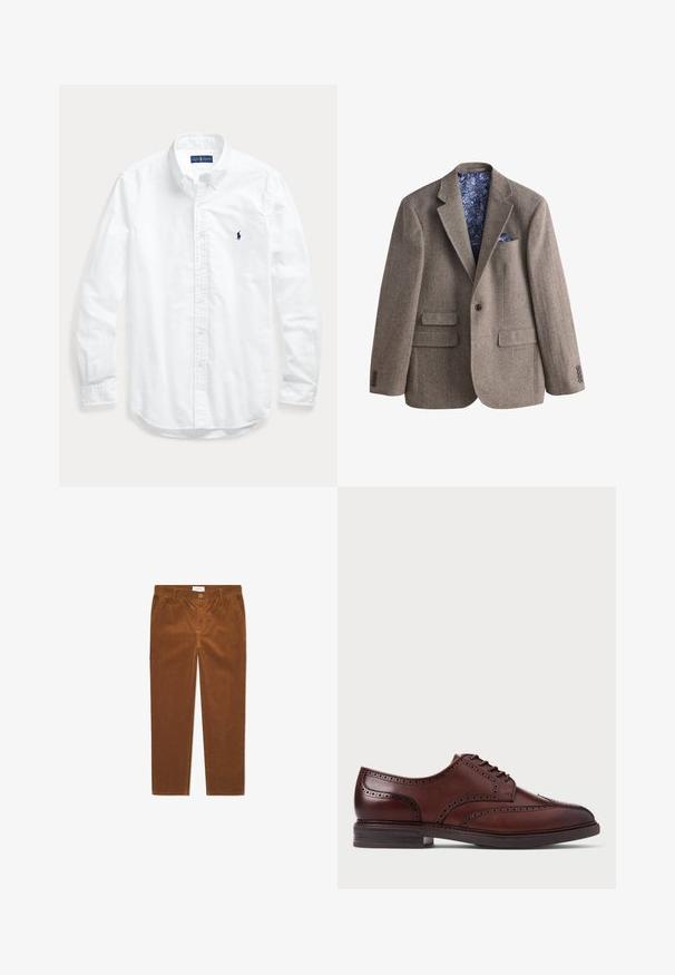 Bruine blazer met visgraatmotief, ingesneden revers, drie klepzakken, enkeknoopsluiting en blauwe bloemenprint binnenvoering en pochet.; Wit overhemd met lange mouwen, knopen en kraag, met een klein donker logo op de linkerborst, plat gelegd op een lichte achtergrond.; Bruine corduroy broek met een rechte snit, voorzien van zijzakken, een knoopsluiting en een verticale ribbeltextuur.; Bruine leren brogue schoenen met veters, voorzien van een wingtip ontwerp, geperforeerde details en een donkere zool, weergegeven in zijprofiel op een witte achtergrond.