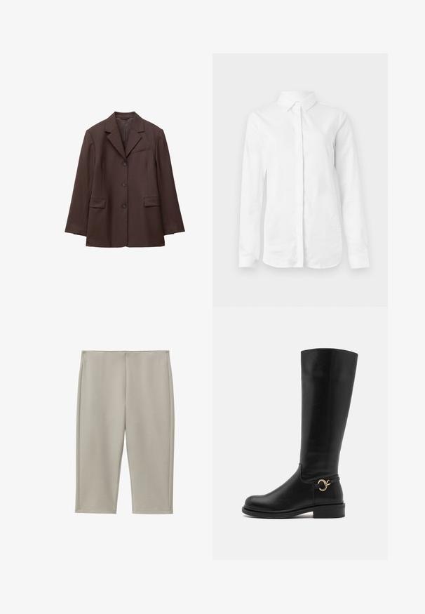 Brun enkeltknappet blazer med tre knapper, slagkrave med hakk, to frontlommer med klap, og en brystlomme med åbning.; Hvid langærmet skjorte lavet af glat bomuld. Har en klassisk krave og en knaplukning fortil med en lige kant uden mønstre.; Beige knælange bukser med lige snit lavet af glat stof med synlige sidesømme og en enkel talje.; Anna Field Wide Fit by Zalando Høje støvler/ Støvler - black