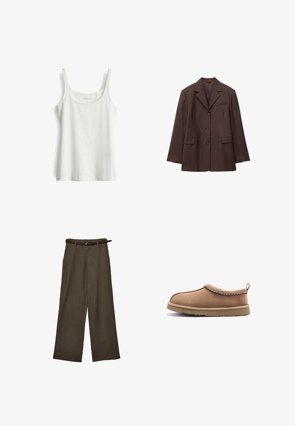 Veste marron simple boutonnage avec trois boutons, col à revers cranté, deux poches avant à rabat et une poche poitrine passepoilée.; Débardeur blanc sans manches avec un col rond. Fabriqué en tissu doux et lisse. Présente un ourlet simple et droit, sans motifs ni accents.; Pantalon marron à jambes larges avec une ceinture marron assortie, présenté à plat sur fond blanc.; Chaussure slip-on en suède marron avec un intérieur rembourré, des coutures décoratives le long du bord et une semelle en caoutchouc. Surface texturée, design discret.