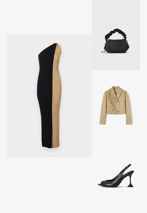 Bijgesneden beige en bruin geruit dubbelgeknoopt colbert met reverskraag en lange mouwen, gemaakt van textuurstof.; Off-shoulder geribbelde jurk met een strak silhouet. Heeft een contrasterende zwart- en tan-kleurschema en verticale textuur door het geheel.; Zwarte leren slingback hak met open neus, puntige vorm, smalle hak die uitloopt en een vierkante basis heeft. Textuur oppervlak en gespsluiting.; Zwarte handtas met een ronde vorm, gemaakt van glad materiaal. Voorzien van een zachte, geplooide hengsel en een metalen kettingschouderband voor veelzijdigheid.