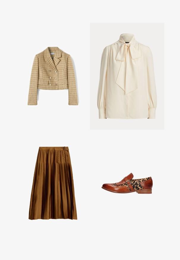 Afkortet dobbeltradet blazer i beige og brunt ternet mønster med reverskrave og lange ærmer, lavet af tekstureret stof.; Langærmet cremefarvet bluse med høj krave og en stor bundet sløjfe ved halsen, med rynkede skuldre og manchetærmer.; Brun satin plisseret midi-nederdel med en høj talje og suedetailer, vist fladt på en hvid baggrund.; Herre brunt læder og leopardmønstret festsko med bukkesrem og brogue-detaljer, mærket "Melvin & Hamilton" på hælen.