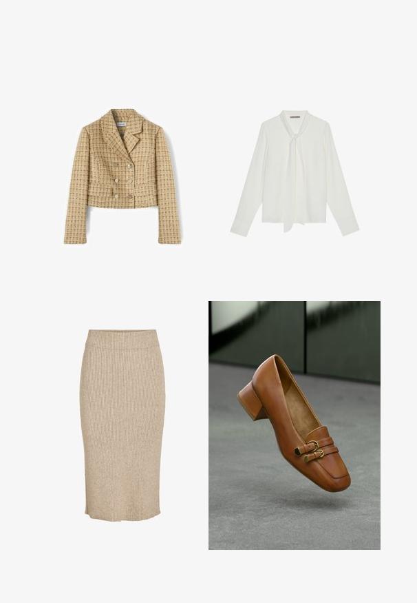 Afkortet dobbeltradet blazer i beige og brunt ternet mønster med reverskrave og lange ærmer, lavet af tekstureret stof.; Hvid bluse med lange ærmer lavet af glat stof, med en bindebånd ved halsen og skræddersyede manchetter. Enkel, klassisk design uden mønstre.; Strik nederdel i en lys beige farve med lodret ribbestruktur, knælang med elastisk talje og lige skæring.; Brun læder højhælet sko med firkantet tå, der har to dekorative stropper og guldfarvede metaldele. Glat tekstur, minimalistisk design.