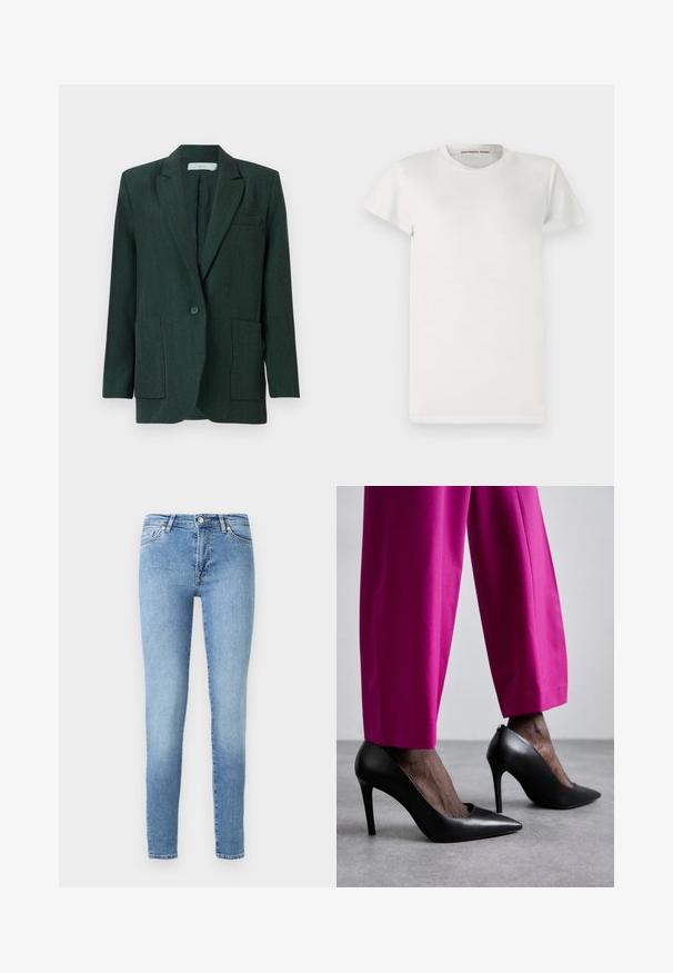 Donkergroene blazer van textuurstof, met een enkele knoopsluiting, schuin gelagde kleppen en twee voorzakken met klep.; Witte t-shirt met korte mouwen van katoen, met een ronde hals en eenvoudige snit. Labels tonen "DESIGNERS REMIX" aan de binnenkant van de kraag.; Lichtblauwe skinny jeans van denim, met een klassieke vijf-pocketontwerp, subtiele vervaging en een standaard tailleband met een ritssluiting.; Zwarte hoge hakken met een puntige neus en een gladde leren textuur. Gecombineerd met felroze, op maat gemaakte broeken.