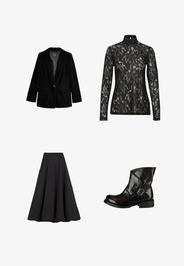 Schwarze Samtblazer mit Reverskragen, Ein-Knopf-Verschluss, zwei vorderen Taschen und glattem Innenfutter. Taillierte Passform und weicher Stoff.; Schwarzes Spitzen-Turtleneck-Oberteil mit langen Ärmeln, versehen mit einem kunstvollen Blumenmuster und einem gewellten Ausschnitt. Transparenter, strukturierter Stoff.; Schwarzer, knöchellanger Rock aus glattem Stoff, mit Falten und hoher Taille. Das Design bietet eine fließende Silhouette und reichlich Volumen.; Schwarze Leder-Schnürstiefelette mit runder Zehenpartie, seitlichem Schnallen-Detail und niedrigem, strukturiertem Absatz. Glatte Oberfläche mit minimalen Akzenten.