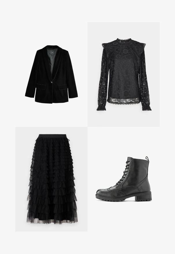 Sort fløjl blazer med fryseklap, enkelt knaplukning, to forlommer og glat indre foring. Skræddersyet pasform og blød tekstur.; PIECES Tall PCOLLINE - Bluse - black; Vero Moda VMNAJA Mid waist Long - Maxinederdele - black; Sort læderankelstøvle med brogue-detaljer, snøredesign, robust sål og en trækkrog ved hælen for nem påtagning.