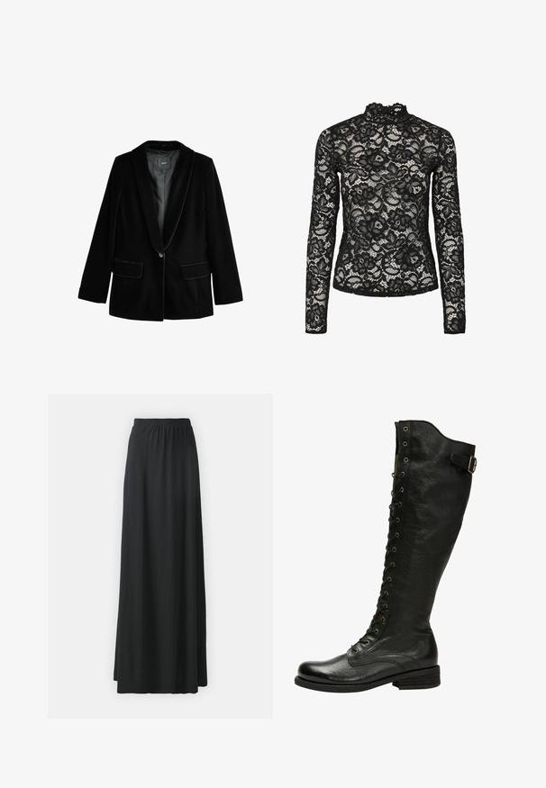 Blazer en velours noir avec un revers cranté, fermeture à un bouton, deux poches avant et doublure intérieure lisse. Coupe ajustée et texture douce.; Haut en dentelle noire à manches longues avec col haut agrémenté d'une bordure à volants, motifs floraux et texture transparente. Conçu pour un ajustement près du corps.; Jupe maxi noire en tissu doux et extensible avec une taille élastique, présentant une silhouette fluide en A.; Botte en cuir noir hauteur genou avec un laçage à l'avant, œillets en métal argenté et boucle sur le côté. Présente une finition texturée et un talon empilé.