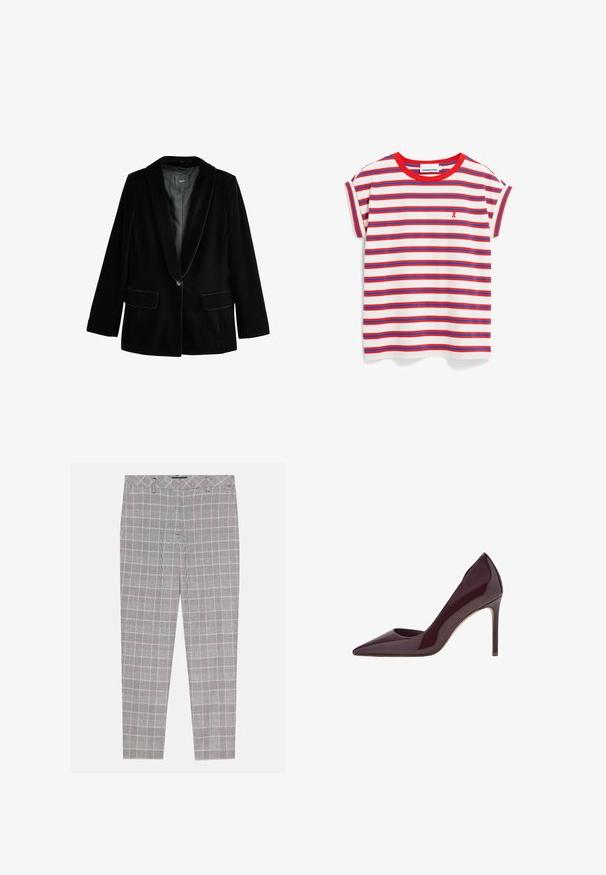 Blazer en velours noir avec un revers cranté, fermeture à un bouton, deux poches avant et doublure intérieure lisse. Coupe ajustée et texture douce.; T-shirt rayé à manches courtes, avec des rayures horizontales rouges et bleues sur fond blanc. Col uni rouge ; petit logo rouge.; Pantalons à carreaux gris avec un motif écossais, présentant une coupe droite, des passants de ceinture et des poches latérales. Le tissu semble lisse et léger.; Escarpin en cuir verni bordeaux, design à bout pointu, silhouette élégante et talon aiguille. Texture lisse avec finition brillante.