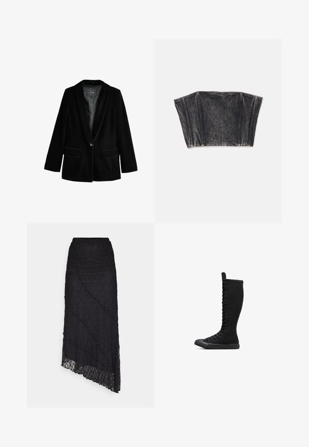 Must musträts blazer, millel on kraega klapp, ühekinnisvaraline lukk, kaks eesmist taskut ja siledat vooder. Kohandatud sobivus ja pehme tekstuur.; Mustmustritsiga must denim büstier, millel on struktureeritud disain, vertikaalsed õmblused ja sobiv, lühike siluett. Tekstuuriga pind, millel on õrn tuhmumine.; ONLY ONLKIM SLIT - Maksiseelik - black; Mustavad kõrged kanvassaapad, millel on ümar nina, tõmblukk ja esikinnitus. Omab tekstuurset pinda ja kummist tallat.