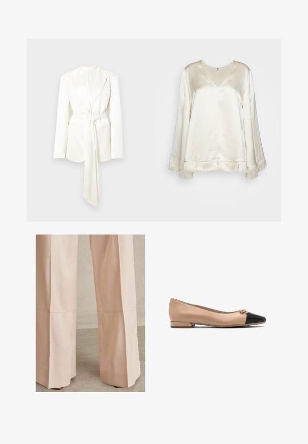 Witte, op maat gemaakte blazer met een enkele knoopsluiting, lange mouwen en een bijpassende ceintuurdetail. Glad, matweefsel; geen zichtbare patronen.; By Malene Birger EXCLUSIVE AVELAS - Blouse - pearl; Lichtroze wijde broek, met een gestructureerde stof, naaddetails en een nette afwerking aan de zoom. Geschikt voor casual of formele gelegenheden.; Beige leren balletschoen met een zwarte neus en een klein strikje aan de voorkant, voorzien van een lage blokhak voor extra steun.