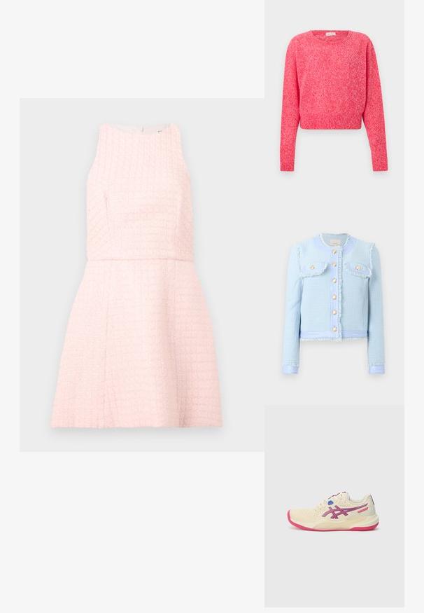 Lyseblå tekstureret tweedjakke med guldknapper, to frontlommer med klapper, frynset kant og lange ærmer.; Langærmet, rundhalset, pink struktureret strikket sweater med en let kortere pasform på en ensartet hvid baggrund.; Ærmeløs lyserød tekstureret kjole med tætsiddende krop og udvidet skørt, med et diskret ternet mønster og lynlås bagpå.; Cremefarvet sportsko med en lyserød sål, blå og lilla accenter, perforeret overdel og design med rund tå.