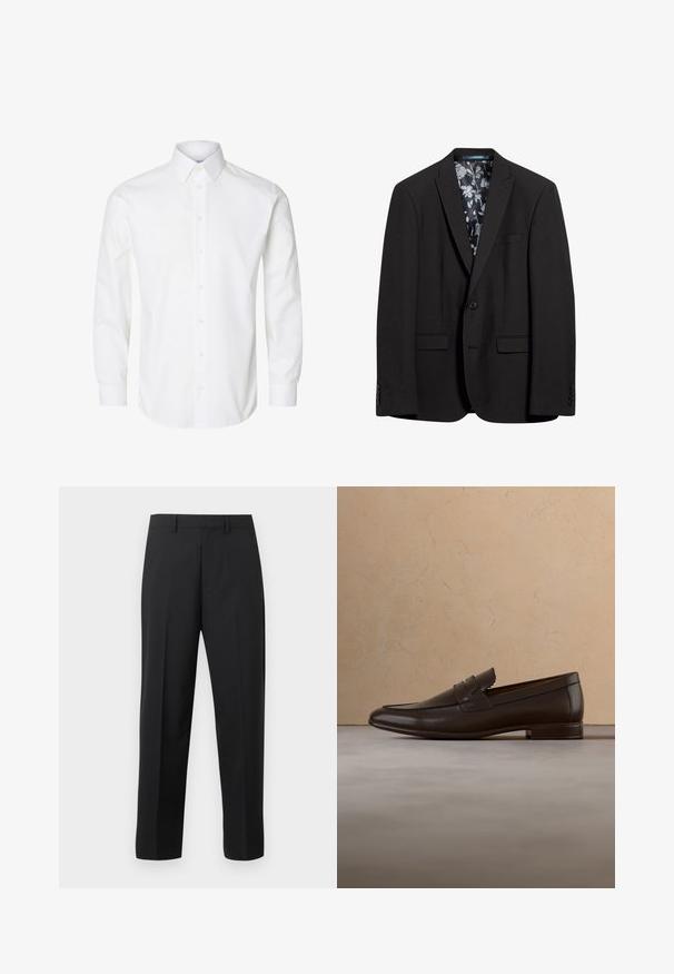 Sort blazer med enkelt knaplukning, to forlommer og for med blomsterprint. Glat tekstur og skræddersyet design.; Hvid skjorte med lange ærmer, knapper foran, spids krave og knappede manchetter.; Sorte bukser med lige ben, bæltestropper, frontfold og lynlås på hvid baggrund.; Mørkebrune læder loaferskørstøvler svæver over et beige tæppe med en buet beige sofa i baggrunden.