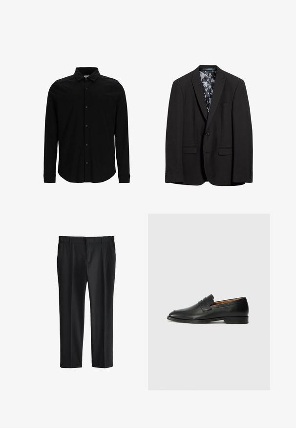 Sort blazer med enkelt knaplukning, to forlommer og for med blomsterprint. Glat tekstur og skræddersyet design.; Sort langærmet skjorte lavet af glat stof, med knaplukning foran, krave og en diskret broderet logo på brystet.; Sort bukser med bæltestropper, sidelommer og en lynlås foran.; Sort læder loafer med rund tå, diskret syning, og lav hæl, der har en glat tekstur og minimalistisk design.