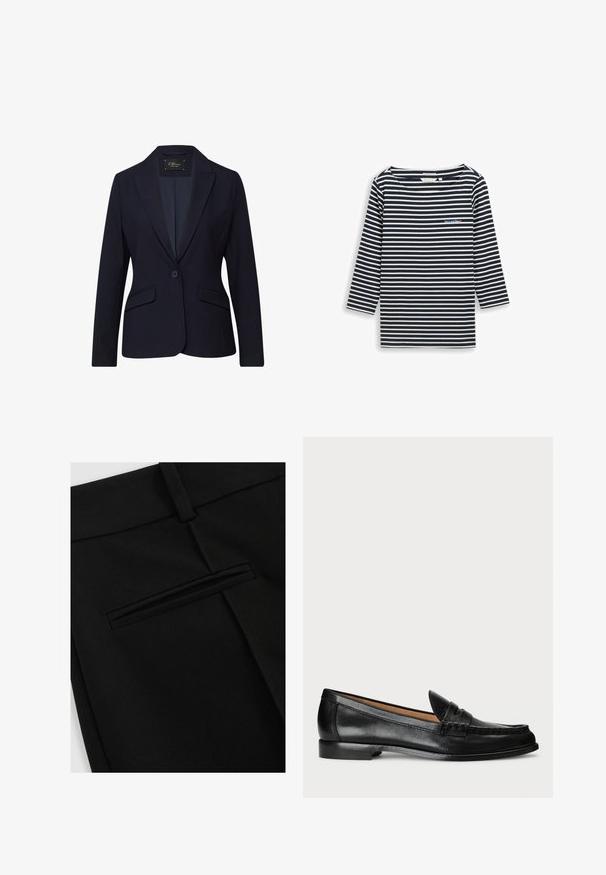 Marineblauwe blazer met een enkele knoopsluiting, ingesneden revers, twee voorzakken en een gladde stoftextuur. Lichtgewicht met een getailleerde pasvorm.; Marineblauw-wit gestreept shirt met lange mouwen, een brede halslijn en een geborduurd tekstdetail op de linkerborst. Gemaakt van zachte stof.; Zwarte broek van gladde stof, met een vlakke voorkant en een enkele achterzak met een gleufopening.; Lauren Ralph Lauren WYNNIE - Instappers - black