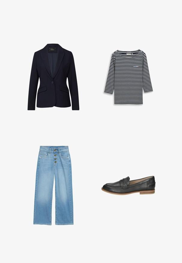Marineblauwe blazer met een enkele knoopsluiting, ingesneden revers, twee voorzakken en een gladde stoftextuur. Lichtgewicht met een getailleerde pasvorm.; Marineblauw-wit gestreept shirt met lange mouwen, een brede halslijn en een geborduurd tekstdetail op de linkerborst. Gemaakt van zachte stof.; Lichtblauwe wijde jeans van denim, met een hoge taille, vijf knopen aan de voorkant en twee voorzakken. Gladde textuur door het hele kledingstuk.; Zwarte leren loafer met een gladde afwerking, een decoratieve riem, een afgeronde neus en een lage, getextureerde tankleurige zool. Minimalistisch ontwerp met subtiele stiksels.
