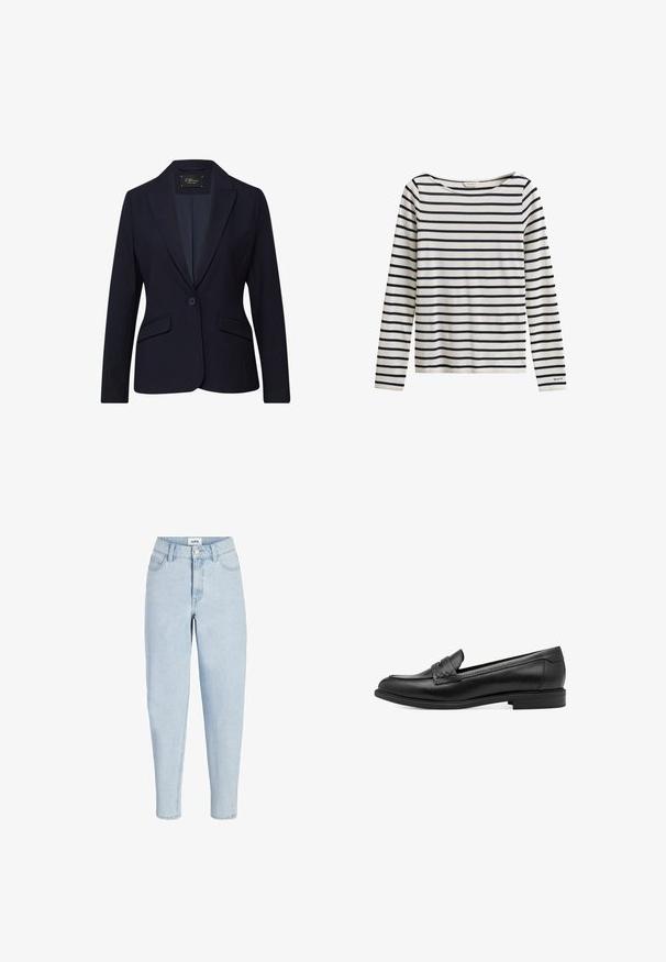 Marineblauwe blazer met een enkele knoopsluiting, ingesneden revers, twee voorzakken en een gladde stoftextuur. Lichtgewicht met een getailleerde pasvorm.; Wit shirt met lange mouwen met marineblauwe horizontale strepen en een klein "GANT"-logo op de manchetkant van de linkermouw.; Lichtblauwe jeans met hoge taille, voorste knoop en ritssluiting, vijfzakkenmodel en taps toelopende pijpen.; Zwarte leren instapper met een gladde textuur, voorzien van een gevlochten accent over de bovenkant en een lage, ronde hak. Eenvoudig ontwerp en vorm.