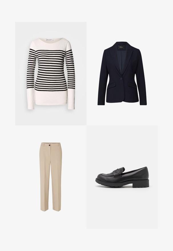 Marineblazer mit Ein-Knopf-Verschluss, Revers mit Kerbkragen, zwei Vorder Taschen und einer glatten Stoffstruktur. Leicht und maßgeschneidert.; Langärmliges gestreiftes Oberteil mit schwarzen und weißen horizontalen Streifen, Bootsausschnitt-Design und taillierter Silhouette. Material aus Baumwollmischung.; Modström GALE - Stoffhose - powder sand; Schwarze Lederloafers mit abgerundeter Spitze, zwei dekorativen Riemen über dem Obermaterial und einer dicken Gummisohle mit Profil.