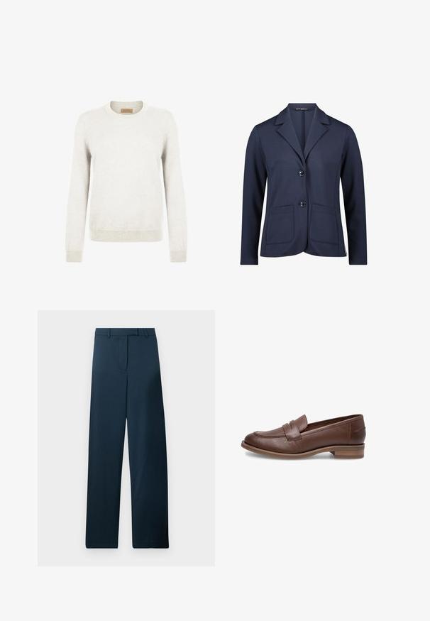 Marineblazer med skræddersyet design, to forlommer, spids revers og to knaplukninger. Fremstillet af glat, medium tungt stof.; Lys grå sweater lavet af blødt strikstof, med rund hals og lange ærmer, samt ribbede manchetter og kant for ekstra tekstur.; Mørkeblå bredbenede bukser med en glat tekstur, flad front og bæltestropper. Har et minimalistisk design uden synlige mønstre eller accenter.; Brun læderloafer med lav hæl, med syningsdetaljer og en rundet tå, glat tekstur og et klassisk slip-on design.