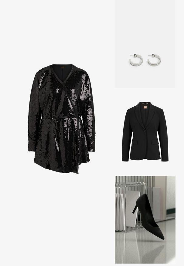 Blazer noir avec une fermeture à un bouton, des revers crantés, deux poches avant et une texture de tissu lisse. L'intérieur comporte une étiquette.; Haut noir à paillettes avec des manches longues, décolleté en V et design enveloppant. Présente une taille ajustée et un ourlet drapé pour une silhouette structurée.; Chaussure noire à talons hauts équilibrée sur son talon sur un comptoir réfléchissant près de porte-dossiers métalliques avec des dossiers blancs.; Boucles d'oreilles en argent en forme de créoles présentant une surface lisse et une rangée de petites pierres claires le long du bord inférieur, avec une fermeture à tige.