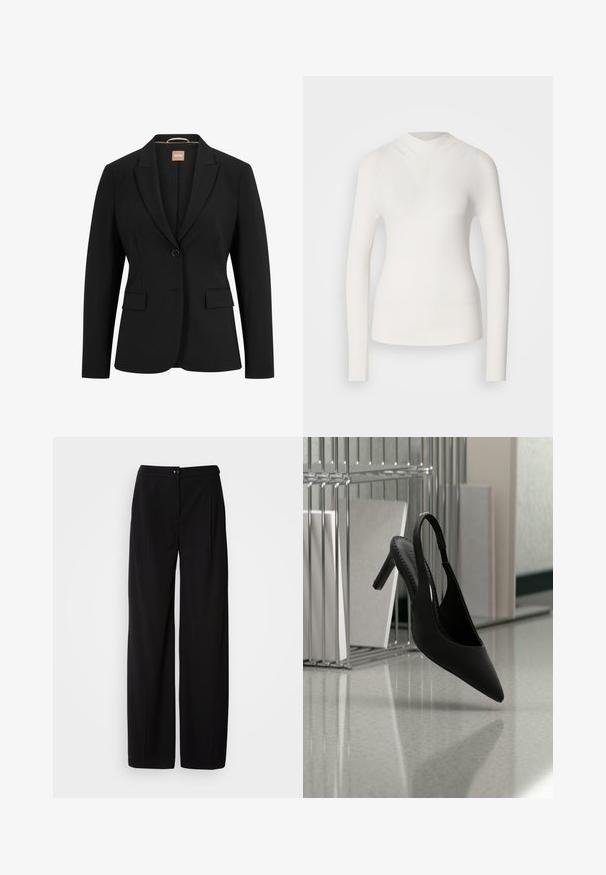 Blazer noir avec une fermeture à un bouton, des revers crantés, deux poches avant et une texture de tissu lisse. L'intérieur comporte une étiquette.; Haut à manches longues blanc avec un col haut, texture côtelée et design ajusté. Présente un aspect sans couture et une subtile forme en V à l'avant.; Pantalons large en noir avec un tissu tissé lisse ; dotés d'une fermeture à bouton et d'un design plissé pour une silhouette structurée.; Chaussure à talon haut à bout pointu et bride arrière suspendue en l'air au-dessus d'un sol brillant avec des classeurs empilés en arrière-plan.