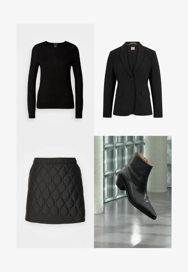 Sort blazer med en enkelt knaplukning, slå-om krave, to forlommer og en glat stoftekstur. Indvendigt er der et mærke.; Sort sweater lavet af et fint strikmateriale, med en rund halsudskæring og lange ærmer med tætsiddende mansjetter. Ingen synlige mønstre eller dekorationer.; Sorte quiltede nederdel med en bølget mønster, elastisk talje og en glat, skinnende overflade. Længde til midten af låret uden synligt hardware.; Sort læderankelstøvle med spids tå og blokhæl, der svæver over en reflekterende grå gulv nær en væg af glasblokke.