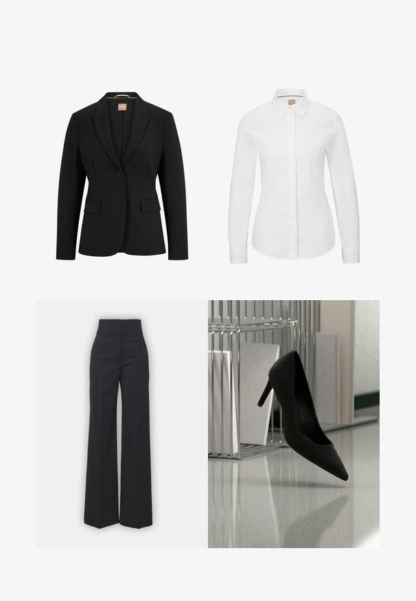 Blazer noir avec une fermeture à un bouton, des revers crantés, deux poches avant et une texture de tissu lisse. L'intérieur comporte une étiquette.; Chemise blanche à manches longues, en coton crisp, avec un col classique, une patte de boutonnage à l'avant et une coupe ajustée. Texture lisse, sans motifs.; Pantalons à jambes larges en tissu noir avec une taille haute, présentant une finition soignée et une texture lisse. Pas de matériel ou de motifs visibles.; Chaussure noire à talons hauts équilibrée sur son talon sur un comptoir réfléchissant près de porte-dossiers métalliques avec des dossiers blancs.