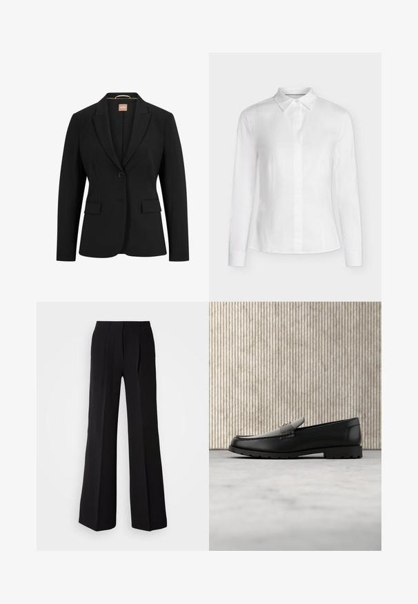 Sort blazer med en enkelt knaplukning, slå-om krave, to forlommer og en glat stoftekstur. Indvendigt er der et mærke.; Hvid tætsiddende bluse med lange ærmer, spids krave, knappet foran og skræddersyede sømme, vist på en ensfarvet baggrund.; Sorte bukser lavet af glat stof, med høj talje, bred ben silhuet og to frontfolder for ekstra design detaljer.; Sorte læder loafers med en hævet søm, guld accentlogo og tekstureret rem. Har en tykk, holdbar gummisål.