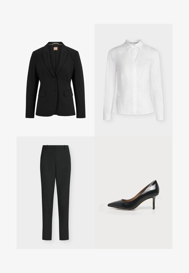 Blazer noir avec une fermeture à un bouton, des revers crantés, deux poches avant et une texture de tissu lisse. L'intérieur comporte une étiquette.; Chemisier blanc ajusté à manches longues, col pointu, boutonné devant avec des coutures cintrées, présenté sur un fond uni.; Pantalon noir slim fit avec passants de ceinture, fermeture éclair devant et jambes droites, présenté sur fond blanc.; Chaussure à talon haut en cuir noir à bout pointu avec un talon kitten fin et une finition lisse et brillante sur fond blanc.