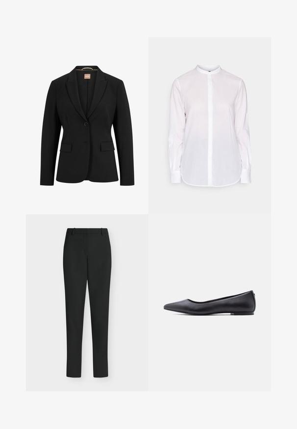 Zwarte blazer met een enkele knoopsluiting, geknipte revers, twee voorkoeken en een gladde stoftextuur. De binnenkant heeft een label.; Witte longsleeve shirt met een Mandarin kraag, knoopsluiting aan de voorkant en een licht gebogen zoom. Gemaakt van lichtgewicht, gestructureerde stof.; Zwarte slim fit broek met riemlussen, voorrits en rechte pijpen, getoond tegen een witte achtergrond.; Zwarte platte leren schoen met puntige neus en lage hak, zijaanzicht tegen een witte achtergrond.