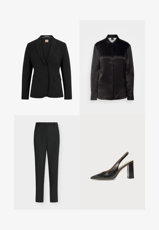 Zwarte blazer met een enkele knoopsluiting, geknipte revers, twee voorkoeken en een gladde stoftextuur. De binnenkant heeft een label.; Zwarte satin lange mouwen blouse met een puntige kraag, knoopsluiting aan de voorkant en manchetten. Glad textuur en minimalistisch ontwerp.; Zwarte slim fit broek met riemlussen, voorrits en rechte pijpen, getoond tegen een witte achtergrond.; Zwarte leren slingback schoen met spits toelopend neusje, hoge blokhak en beige binnenvoering tegen een effen lichte achtergrond.