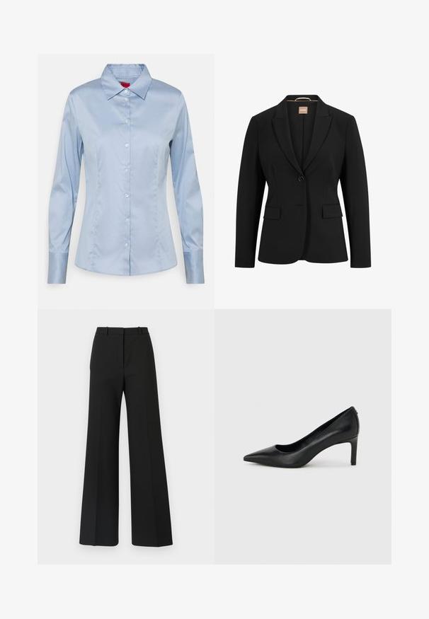 Zwarte blazer met een enkele knoopsluiting, geknipte revers, twee voorkoeken en een gladde stoftextuur. De binnenkant heeft een label.; Lichtblauw button-up shirt van gladde stof, met een klassieke kraag, lange mouwen en een rechte pasvorm met subtiele stikseldetails.; Zwarte wijde broek met een op maat gemaakt ontwerp, kenmerkend door een soepele textuur en subtiele plooien aan de voorkant. Geen zichtbare hardware of patronen.; Zwarte leren pumps met een spits toelopende neus en een slanke, middelhoog hak, afgebeeld tegen een effen lichtgrijze achtergrond.