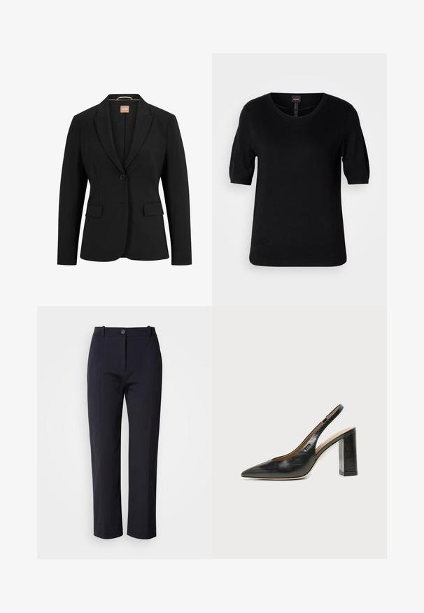 Sort blazer med en enkelt knaplukning, slå-om krave, to forlommer og en glat stoftekstur. Indvendigt er der et mærke.; Sort kortærmet striktop med rund hals, ribbet kant og subtil tekstur, med et center logo mærke bagpå.; Marineblå bukser med lige ben, fremstillet af et glat stof. Har forlommer og knaplukning i taljen.; BOSS MIAH - Pumps - black