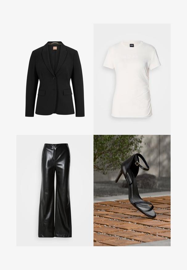 Zwarte blazer met een enkele knoopsluiting, geknipte revers, twee voorkoeken en een gladde stoftextuur. De binnenkant heeft een label.; Witte korte mouwen t-shirt van zacht katoen; heeft een gestructureerd "BOSS" logo op de voorkant en een geraffineerd zijdetail.; Zwarte leren wijde broek met een gladde textuur, hoge taille en een verborgen ritssluiting aan de voorkant. Tailored fit met een nette afwerking.; Zwarte hoge hak sandaal met enkelbandje zweeft boven een houten tegelvloer buiten, met een onscherpe groene en stenen achtergrond.