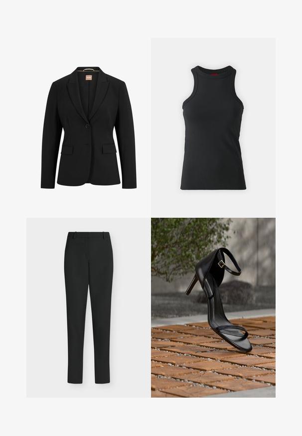 Sort blazer med en enkelt knaplukning, slå-om krave, to forlommer og en glat stoftekstur. Indvendigt er der et mærke.; Sort ærmeløs tanktop lavet af strækbart stof. Har en rund hals og en tætsiddende silhuet med minimale syninger.; Sorte, tætsiddende bukser med bæltestropper, forlynlås og lige ben, vist mod en hvid baggrund.; Sort højhælet sandal med ankelsnor, der ser ud til at svæve over et trægulv udendørs med sløret grønt og sten i baggrunden.