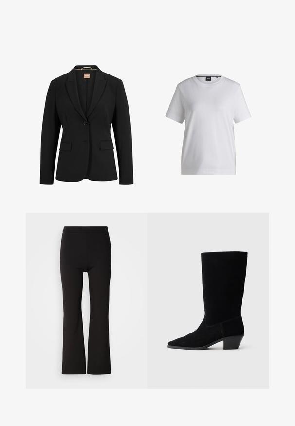 Schwarze Blazer mit einem einzelnen Knopfverschluss, mit Reverskragen, zwei vorderen Taschen und einer glatten Stoffstruktur. Das Innenfutter hat ein Etikett.; Weißes Baumwoll-T-Shirt mit rundem Halsausschnitt, kurzen Ärmeln und bequemer Passform. Mit einem kleinen Markenschild nahe dem Kragen.; Schwarze, ausgestellte Hosen aus einem glatten, elastischen Stoff. Hoher Bund, eng an den Hüften und ab den Knien weit geschnitten.; Schwarze Wildleder Stiefelette mit spitzer Zehe, mittelhohem Schaft und einem chunky Absatz. Verfügt über minimale Nähte und eine glatte Textur.