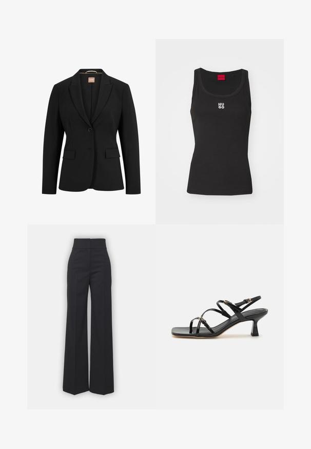Blazer noir avec une fermeture à un bouton, des revers crantés, deux poches avant et une texture de tissu lisse. L'intérieur comporte une étiquette.; Débardeur noir en coton avec un col rond et sans manches. Présente le logo blanc "HUGO" au centre. Design simple et ajusté.; Pantalons à jambes larges en tissu noir avec une taille haute, présentant une finition soignée et une texture lisse. Pas de matériel ou de motifs visibles.; Sandales à strapes en cuir verni noir avec un bout carré et un petit talon carré. Présente des accessoires en métal doré et des brides de cheville réglables.