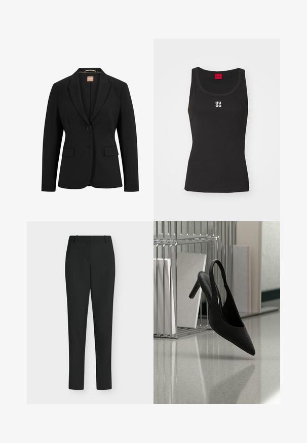 Blazer negro con un cierre de un solo botón, solapas con muesca, dos bolsillos delanteros y una textura de tela suave. El interior tiene una etiqueta.; Top sin mangas negro de algodón con escote redondo. Presenta el logo blanco "HUGO" en el centro. Diseño simple y ajustado.; Pantalones negros de corte ajustado con trabillas para cinturón, cremallera frontal y piernas rectas, mostrados sobre un fondo blanco.; Zapato de tacón alto negro con punta afilada y tira en el talón, suspendido en el aire sobre un suelo brillante con carpetas apiladas en el fondo.