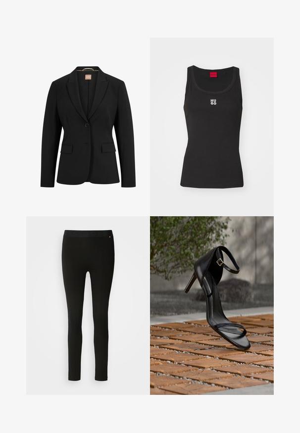 Sort blazer med en enkelt knaplukning, slå-om krave, to forlommer og en glat stoftekstur. Indvendigt er der et mærke.; Sort tanktop lavet af bomuld med rund halsudskæring og uden ærmer. Har hvid "HUGO" logo i midten. Enkel og tætsiddende design.; Sorte leggings med en glat tekstur, featuring en fleksibel talje og diskret sømdetalje. Ingen mønstre eller hardware er til stede.; Sort højhælet sandal med ankelsnor, der ser ud til at svæve over et trægulv udendørs med sløret grønt og sten i baggrunden.