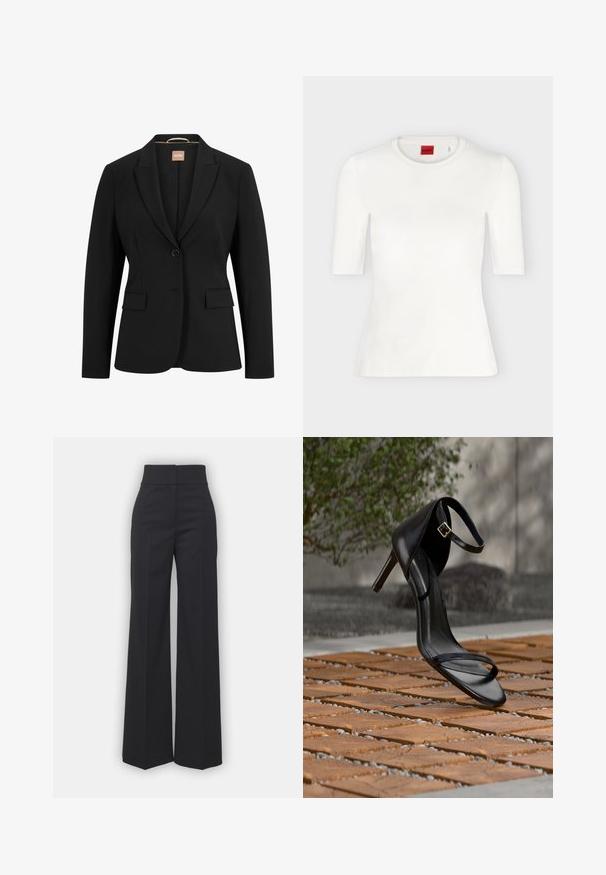 Sort blazer med en enkelt knaplukning, slå-om krave, to forlommer og en glat stoftekstur. Indvendigt er der et mærke.; Hvid tætsiddende T-shirt med korte ærmer og rund halsudskæring med rød varemærkeetiket inde i kraven.; Bredbenede bukser i sort stof med høj talje, der har en ren finish og glat tekstur. Ingen synlige detaljer eller mønstre.; Sort højhælet sandal med ankelsnor, der ser ud til at svæve over et trægulv udendørs med sløret grønt og sten i baggrunden.