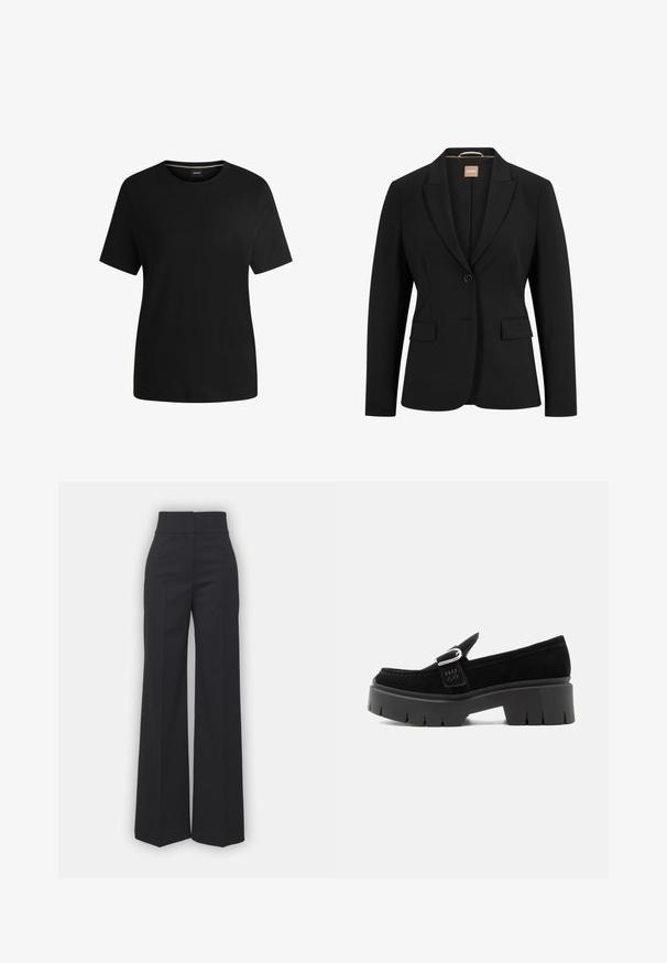 Zwarte blazer met een enkele knoopsluiting, geknipte revers, twee voorkoeken en een gladde stoftextuur. De binnenkant heeft een label.; Zwart t-shirt met korte mouwen, gemaakt van zachte katoen, met een ronde hals en een gladde textuur. Eenvoudig ontwerp zonder patronen of accenten.; Wijdvallende broek in zwarte stof met een hoge tailleband, met een schone afwerking en een gladde textuur. Geen zichtbare hardware of patronen.; Zwarte suède loafer met stevige profielzool, zilveren gespsluiting en geperst "HUGO" op de zijriem, weergegeven vanaf de buitenkant.