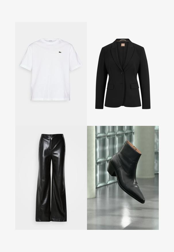 Blazer noir avec une fermeture à un bouton, des revers crantés, deux poches avant et une texture de tissu lisse. L'intérieur comporte une étiquette.; T-shirt en coton blanc avec un col rond et des manches courtes. Présente un logo brodé vert sur la poitrine. Texture douce, coupe décontractée.; Pantalons larges en cuir noir avec une texture lisse, taille haute et fermeture éclair frontale dissimulée. Coupe ajustée avec une finition soignée.; Bottine en cuir noir avec un bout pointu et un talon carré lévitant au-dessus d'un sol gris réfléchissant près d'un mur en blocs de verre.