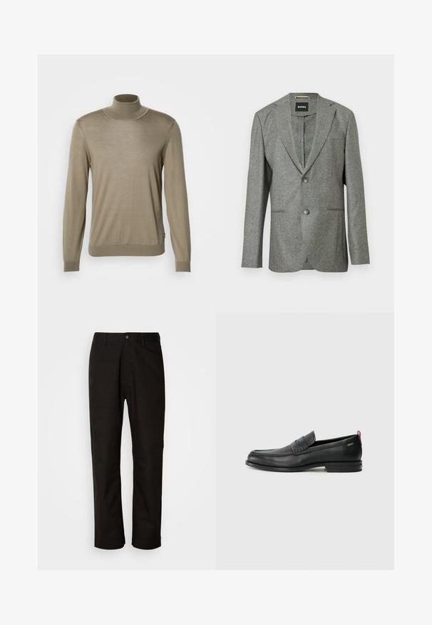 Grå tekstureret blazer med notch-lapel, to frontlommer og to knapper. Branded label "BOSS" synlig indeni. Skræddersyet pasform.; Beige højhalset sweater, lavet af tynd ribbet stof. Lange ærmer med tætsiddende manchetter og en lige kant i bunden. Enkel design, ingen mønstre.; Sorte bomuldsbukser med lige pasform, bæltestropper, lynlås foran og en enkelt knappelukning. Glat tekstur uden synlige mønstre.; Sorte læder loafers med en tekstureret frontpanel og glatte sider. Har en slank hæl og en bageste løkke til nem påtagning. Klassisk design.