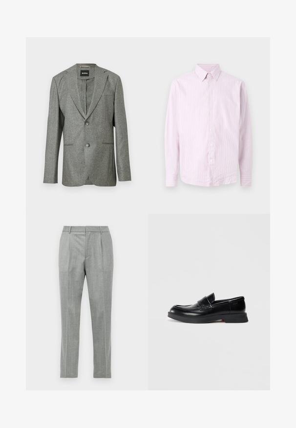 Grå tekstureret blazer med notch-lapel, to frontlommer og to knapper. Branded label "BOSS" synlig indeni. Skræddersyet pasform.; Langærmet skjorte med knapper, lodrette lyserøde og hvide striber, knappet krave, vist forfra på en neutral baggrund.; Lys grå skræddersyede dressbukser med frontfolder, bæltestropper og lige benmodul på en hvid baggrund.; Sorte læder loafers med en glat finish, der har en hævet frontpanel og en kontrasterende rød detalje på sålen. Flad gummisål.