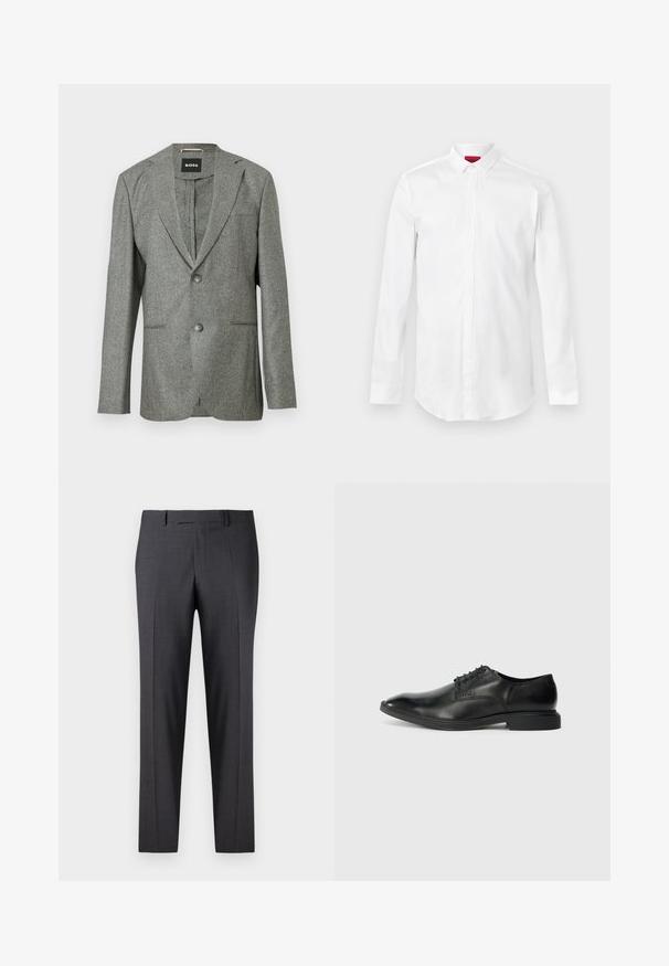 Grå tekstureret blazer med notch-lapel, to frontlommer og to knapper. Branded label "BOSS" synlig indeni. Skræddersyet pasform.; Hvid skjorte med lange ærmer, spids krave og skjult knaplukning, vist på en ensartet lys baggrund.; Skræddersyede mørkegrå bukser i et glat, tekstureret stof; har flad front og lige ben; minimalistisk design uden synlige detaljer.; Sort læder herresko med glat overflade, spids tå, seks snørrehuller og lav, rektangulær hæl. Diskret brandingdetalje på siden.