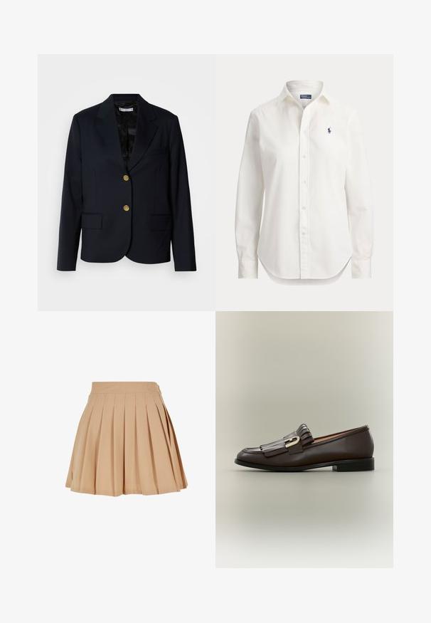 Marineblazer med guldknapper, hakkede reverser, to forlommer og et tekstureret sort for. Skræddersyet pasform og struktureret design.; Hvid langærmet skjorte med knapper, krave og lille blåt logo af en polospiller på venstre bryst.; Beige plisseret mini skirt med høj talje og subtilt broderet logo på højre side af taljen.; Mørkebrune læderloafer med frynsedetalje og guldbeslag på en neutral baggrund, sidevisning.