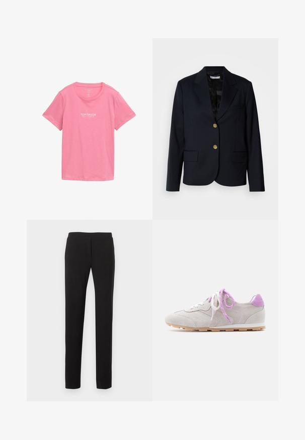 Marineblazer med guldknapper, hakkede reverser, to forlommer og et tekstureret sort for. Skræddersyet pasform og struktureret design.; Lyserød T-shirt med korte ærmer lavet af blødt stof. Har rund halsudskæring og en hvid mærkelogo trykt på forsiden.; Sorte slanke bukser med flad front og uden synlige lommer, vist mod en hvid baggrund.; Lysegrå ruskindssneakers med lilla hæltab og snørebånd, beige gummisål, sidesyninger og afrundet tå, vist i sideprofil.