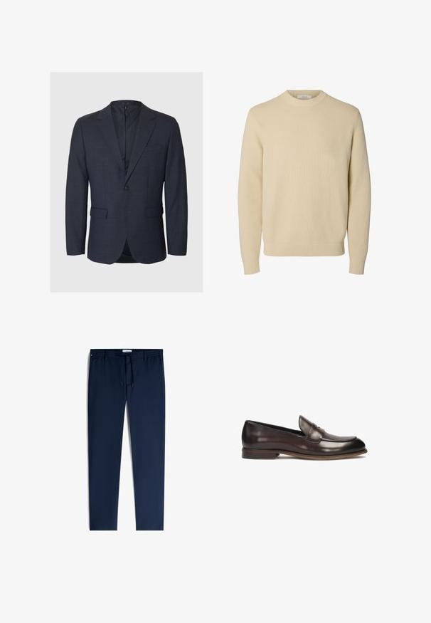 Blazer azul marino con acabado texturizado, cierre de un solo botón, solapas con muesca, dos bolsillos frontales y diseño con abertura en la parte trasera.; Jersey de punto beige liso con cuello redondo, mangas largas y puños y bajo acanalados.; Pantalones casual azul marino con cintura elástica, cordón, trabillas para cinturón, bolsillos laterales y diseño de pierna recta y ajustada.; Mocasines de cuero marrón oscuro con punta redondeada, detalle de costura elevada y un pequeño tacón. Textura suave y diseño clásico.