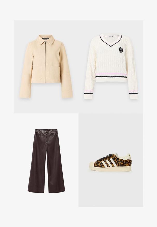 Beige cropped jakke med lange ærmer, spids krave, frontlynlås og to forlommer på en lys baggrund.; Kremfarvet kabelstrikket V-udskåret sweater med sorte og pink striber på manchetter og kant, med et sort hjerteemblem på brystet.; Brune faux læder wide-leg bukser med høj talje, der har forlommer og klassisk knaplukning. Glat tekstur og mat finish.; Sneakers med leopardmønster, sorte snørebånd, hvidt design med tre striber, cremefarvet gummitå og sål samt tekstureret overmateriale.
