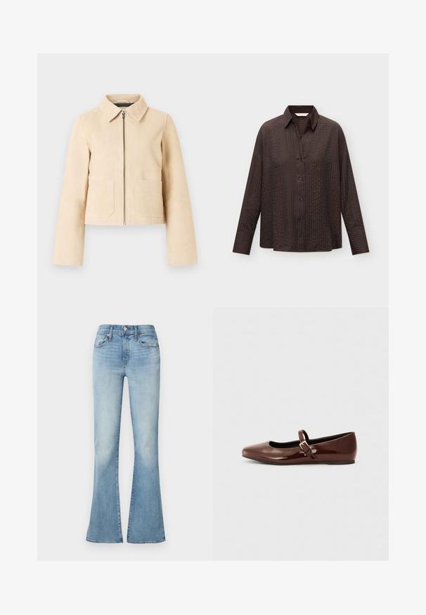 Veste courte beige à manches longues, col pointu, fermeture éclair à l'avant et deux poches plaquées sur le devant sur un fond clair.; Chemise marron foncé à manches longues boutonnée, avec une texture subtile à rayures verticales et un col classique, présentée sur un fond clair uni.; Jean flare en denim bleu clair avec fermeture devant par bouton et zip, poches avant et arrière, et légère décoloration subtile sur les cuisses.; Ballerine en cuir verni marron avec un bout carré et une lanière ornée d'une petite boucle dorée. Texture lisse, talon bas et design minimaliste.