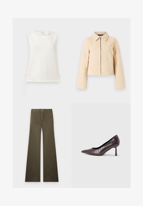 Veste courte beige à manches longues, col pointu, fermeture éclair à l'avant et deux poches plaquées sur le devant sur un fond clair.; Blouse blanche sans manches avec encolure ronde et liens latéraux, fabriquée en tissu lisse, présentée sur un fond clair uni.; Pantalon large taille haute couleur vert olive avec fermeture à boutons et fermeture éclair, poches avant et passants pour ceinture.; Escarpins à bout pointu en similicuir marron avec une texture crocodile, dotés d’un talon fin et angulaire ainsi que d’une doublure intérieure lisse.